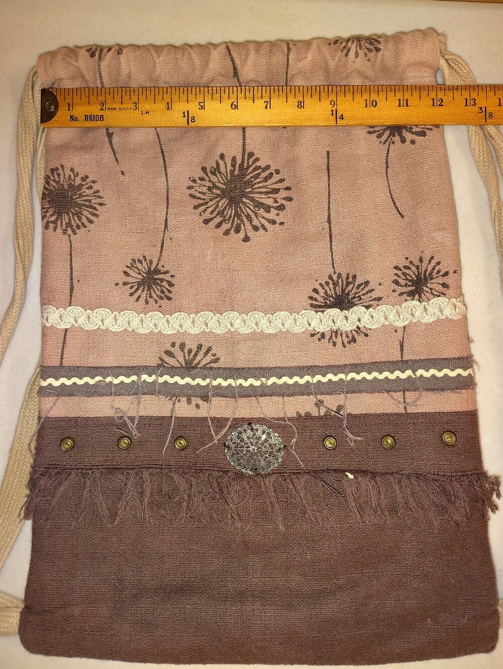 VO-HO Boho Dandelion Drawstring Backpack – Mauve & Chocolate Cotton Linen Cinch - Picture 13 of 14